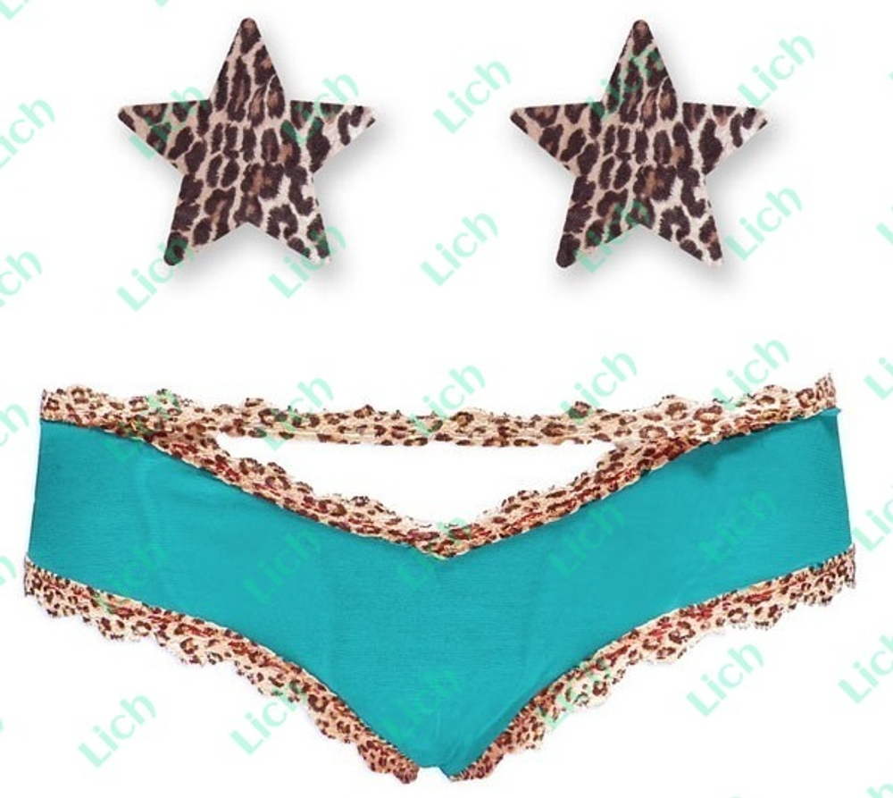 Комплект из 1 пары пэстис-звёздочек с леопардовым принтом и бирюзовых трусиков с леопардовым кантом