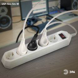 Сетевой фильтр ЭРА USF-5es-5m-W с базовой защитой с заземлением с выключателем 5 розеток 5м 10А белый