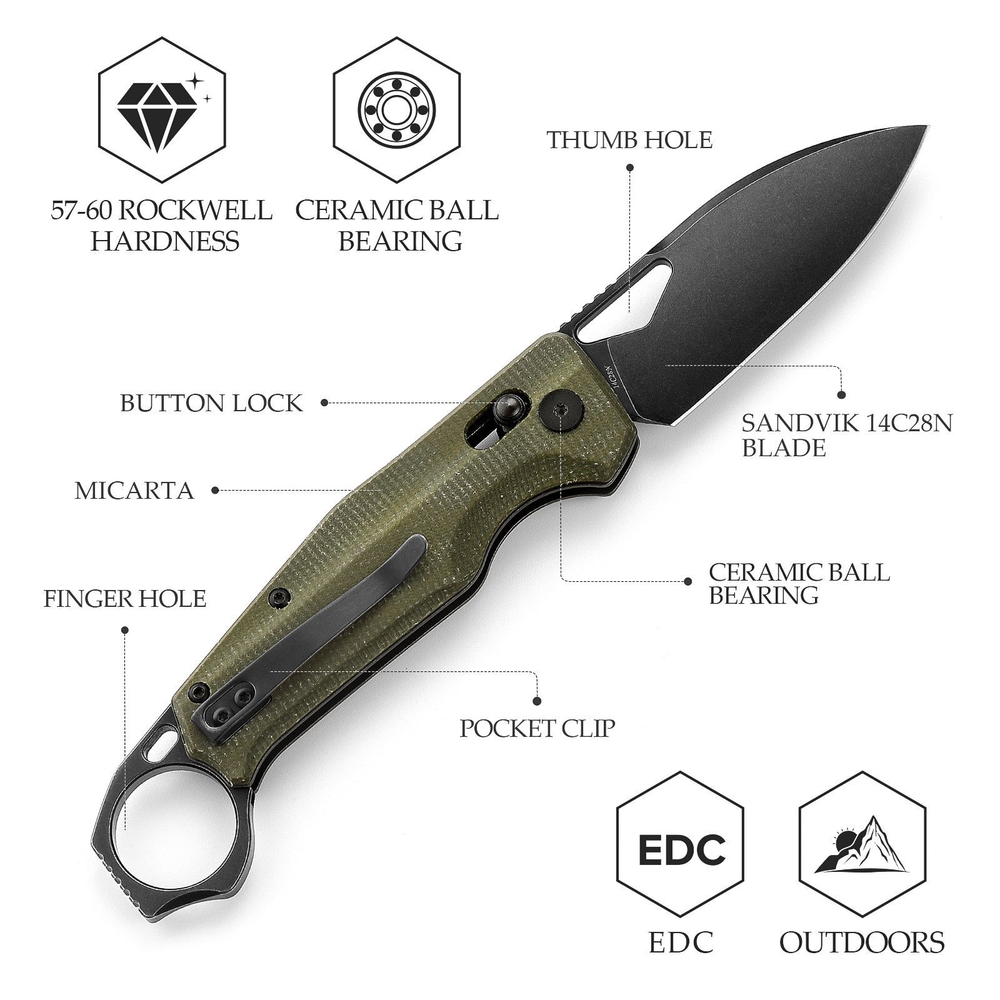 Складной туристический нож TRIVISA Sagitta-04G Karambit клинок 14C28N рукоять микарта (черный-зеленый)