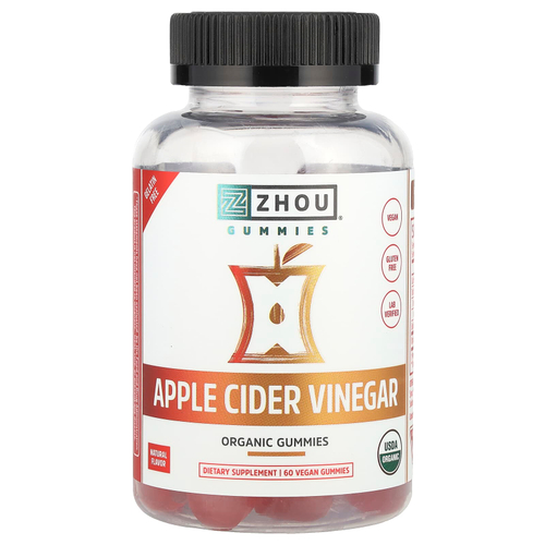 Zhou Nutrition, Яблочный уксус, урожай яблока, 60 веганских жевательных мармеладок