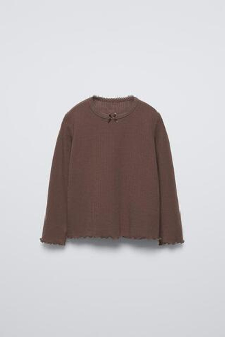 ZARA ФУТБОЛКА POINTELLE С БАНТОМ, ШОКОЛАДНЫЙ