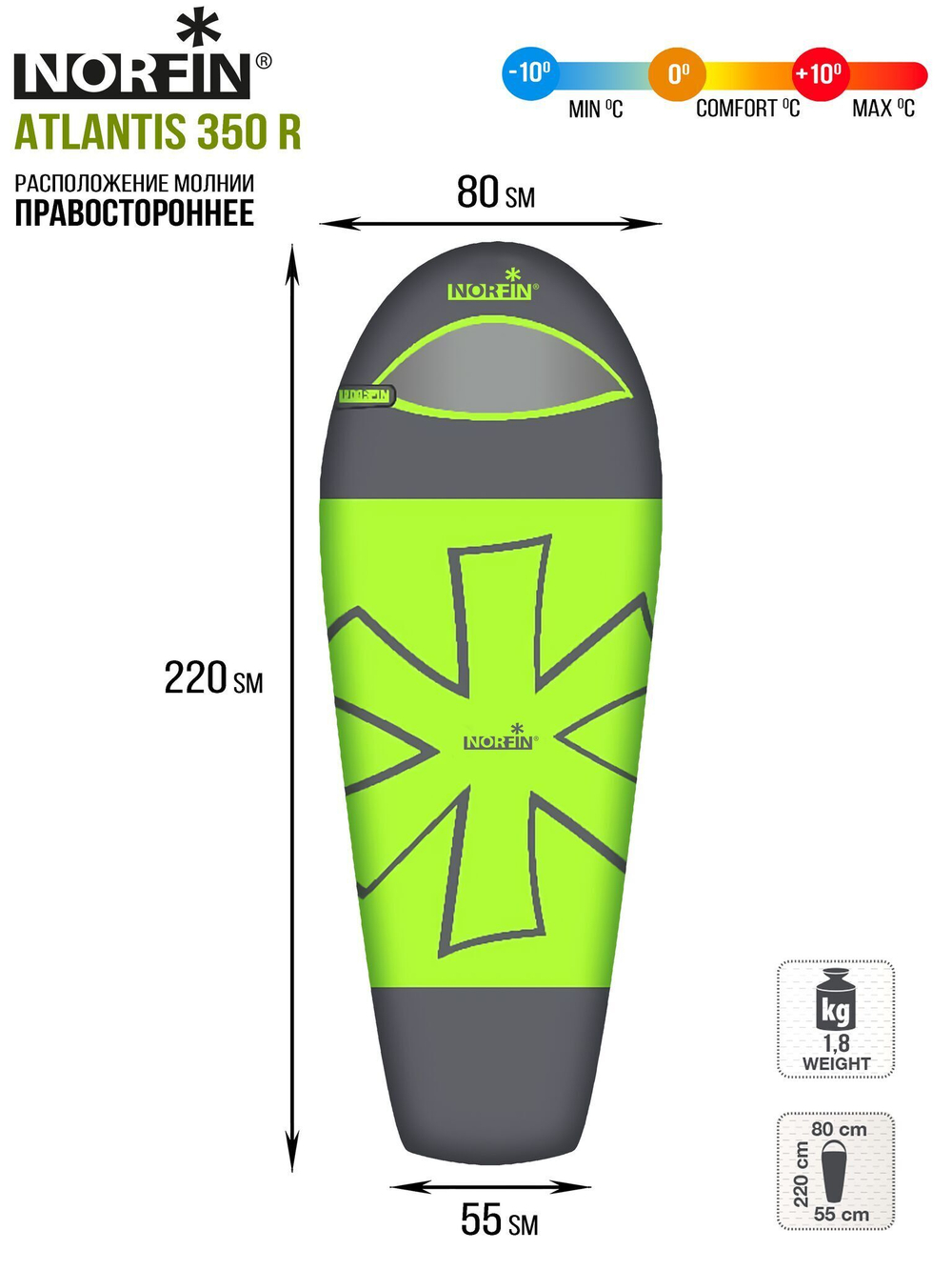 Мешок-кокон спальный Norfin ATLANTIS 350 R (молния справа)