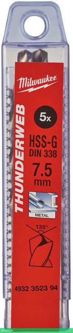 Сверло по металлу Milwaukee Thunderweb HSS-G 7.5x109мм 5шт (4932352394)