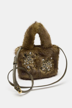 ZARA СУМКА ИЗ ИСКУССТВЕННОГО МЕХА С БЛЕСТКАМИ, ЗЕЛЕНЫЙ
