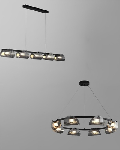 Современные люстры с графичными металлическими абажурами.