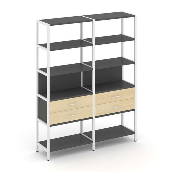 Shelf System Двухсекционный стеллаж пятиярусный с ящиками SN.STM-522 Антрацит/Акация Лорка/Металл Бе