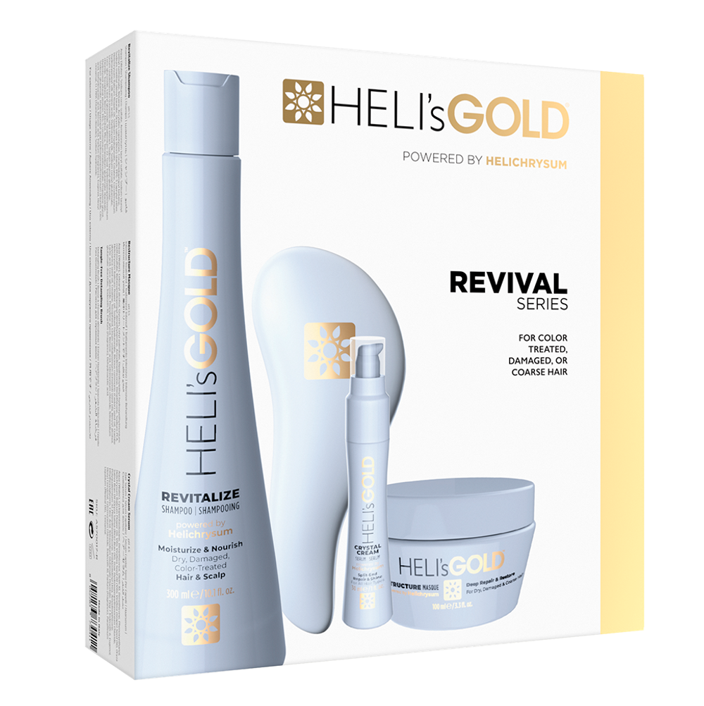 Подарочный набор HELI's GOLD Revival Series: шампунь 300 мл, маска 100 мл, сыворотка 30 мл, расческа