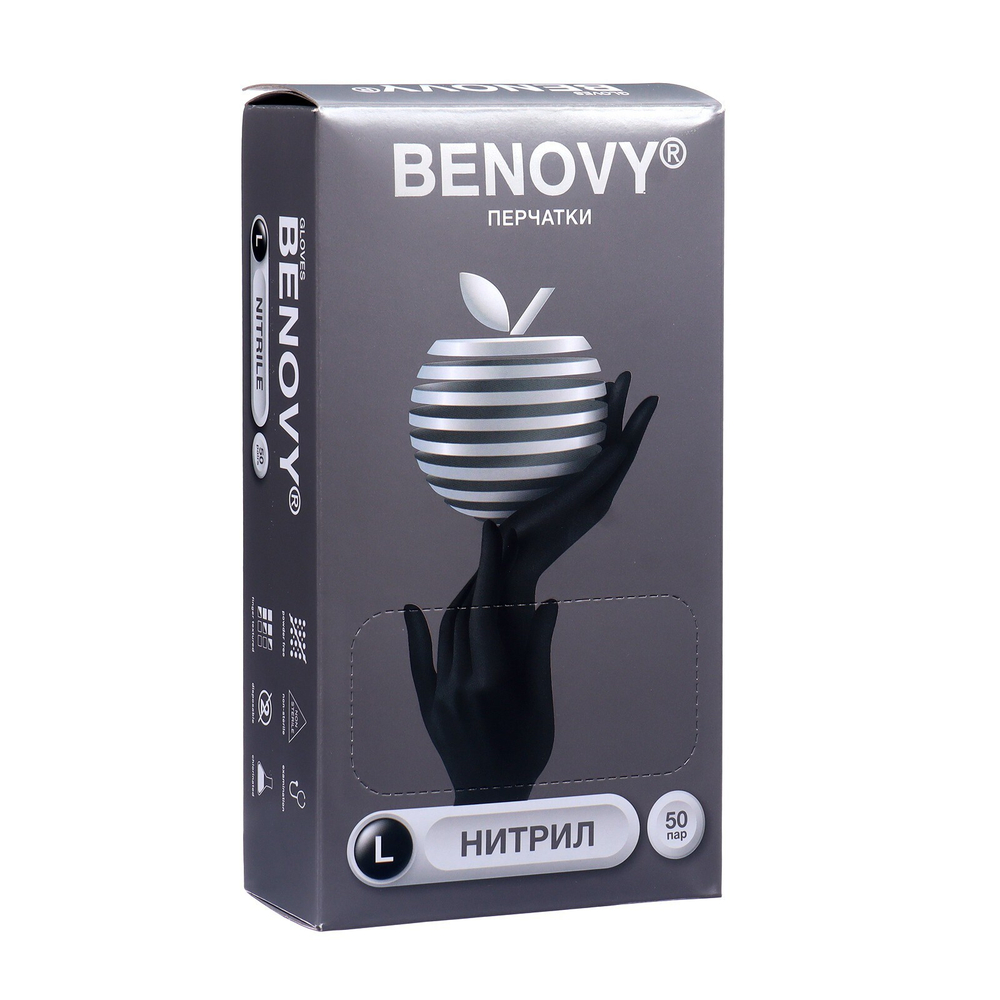 BENOVY перчатки нитриловые, черные, L, 50 пар в упаковке