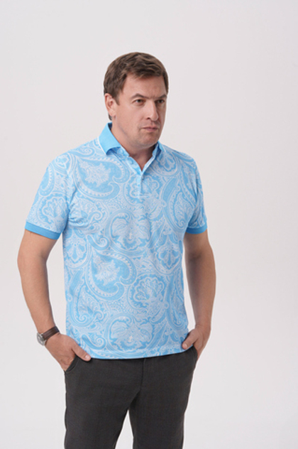 Поло бирюзовое с белым принтом пейсли