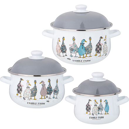 НАБОР КАСТРЮЛЬ AGNESS ЭМАЛИРОВАННЫХ СЕРИЯ "FAMILY FARM", 6ПР. 1,5/2,8/3,6Л, 16Х10/20Х12/22Х13СМ