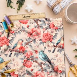 Ткань премиум интерлок певчие птицы в саду