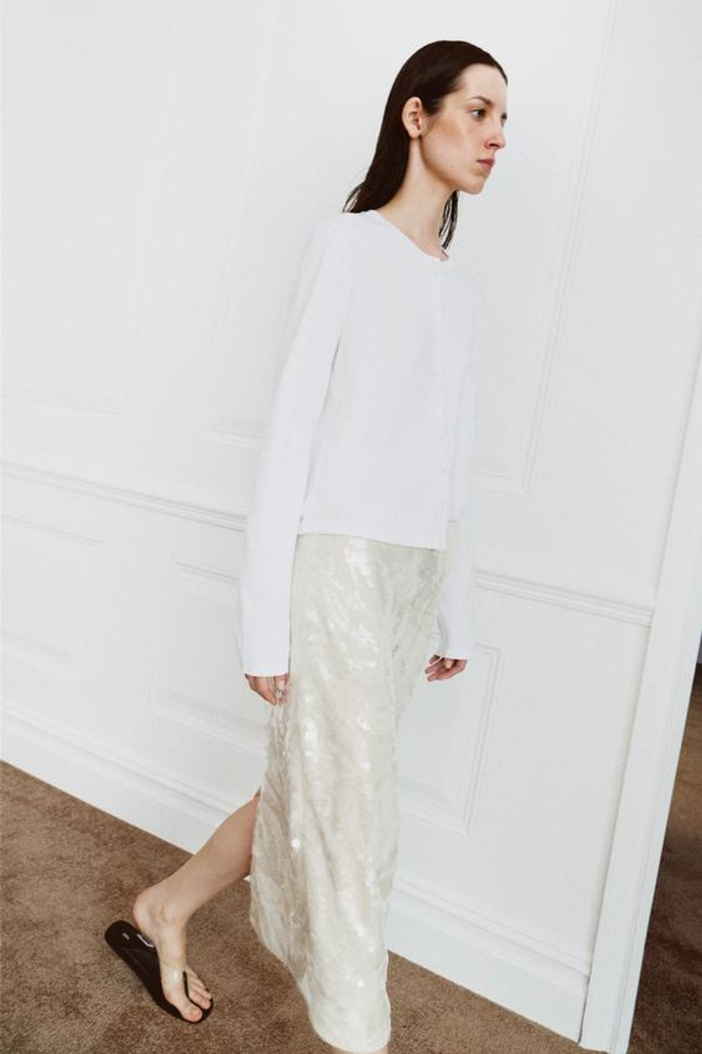 ZARA ЮБКА МИДИ С ПАЙЕТКАМИ — ZW COLLECTION, ЖЕЛТОВАТО-БЕЛЫЙ