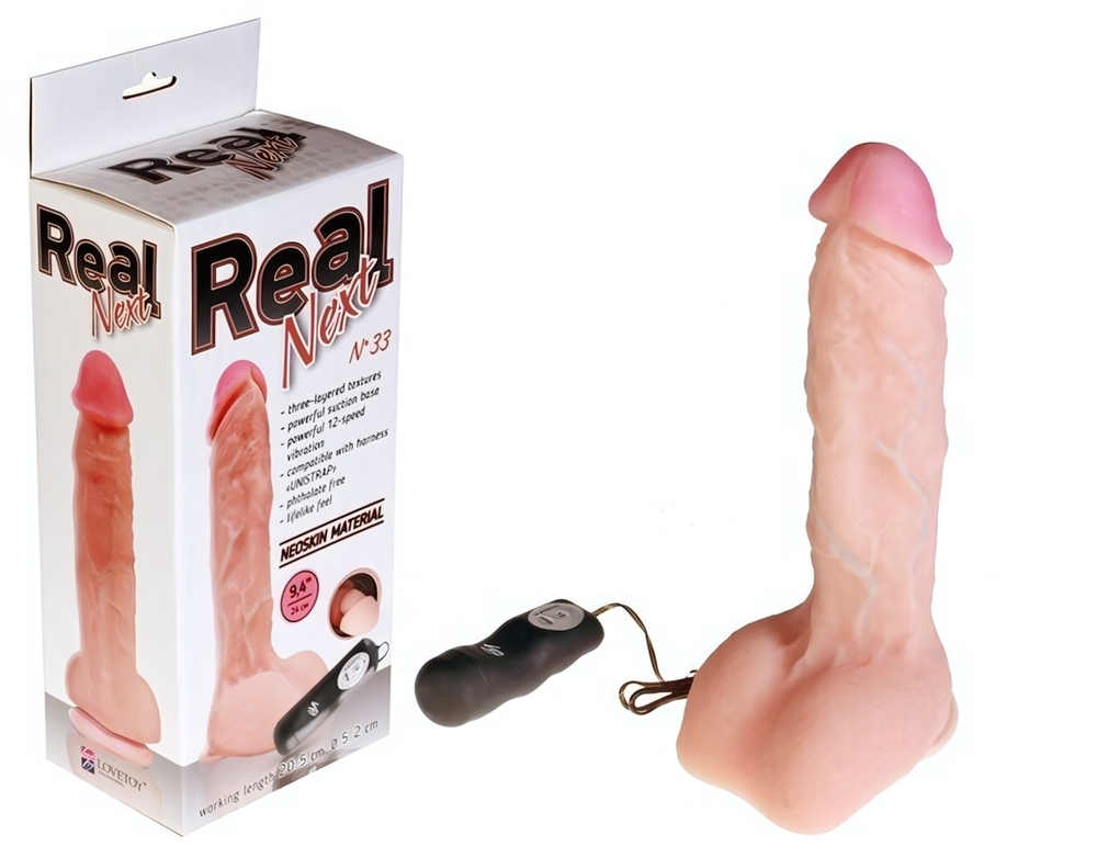 Реалистичный большой фаллос Real Next 9,4''№ 33 (вторая кожа, 12 режимов) (Цвет: телесный)