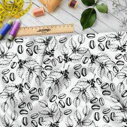 Ткань бифлекс эскиз кофейных листьев и зёрен