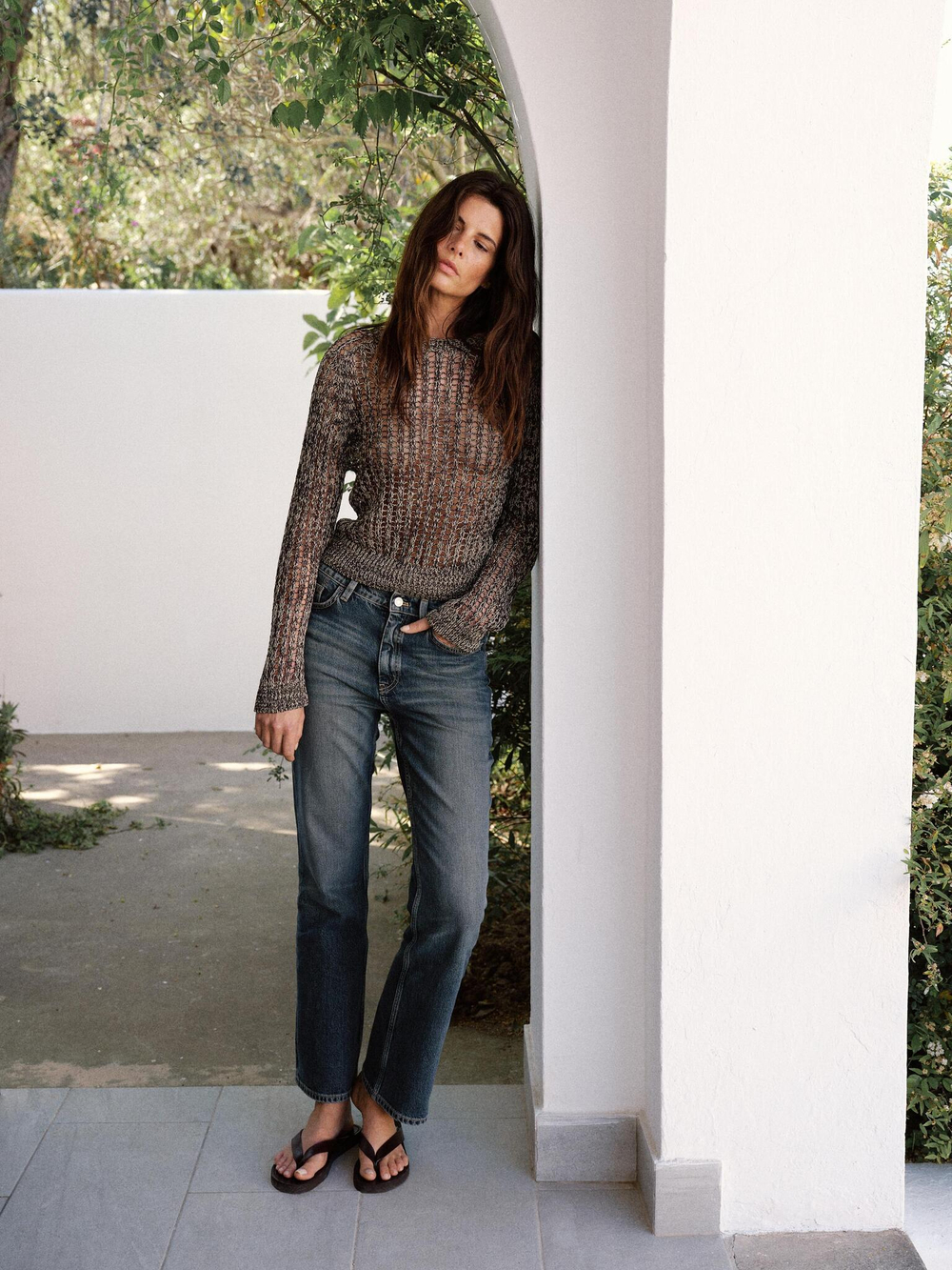 Massimo Dutti Свитер из смесового хлопка с ажурным узором, серый