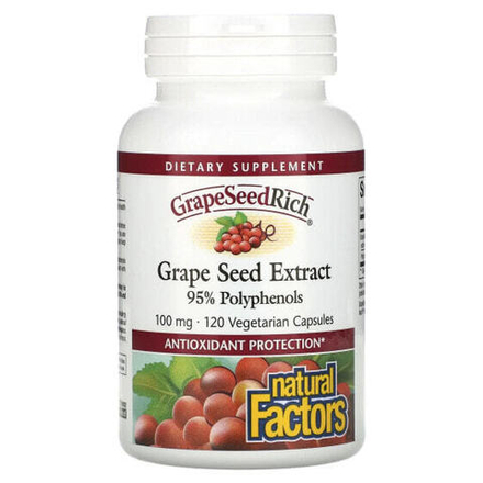 Антиоксиданты Natural Factors, GrapeSeedRich, экстракт виноградных косточек, 100 мг, 120 вегетарианских капсул