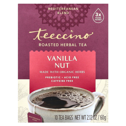Teeccino, чай из обжаренных трав, ваниль и орех, без кофеина, 10 чайных пакетиков, 60 г (2,12 унции)