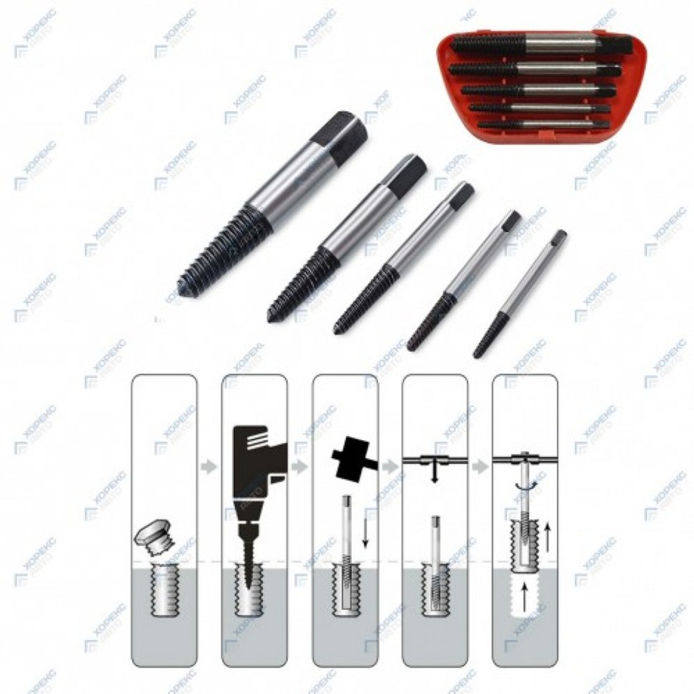 Набор экстракторов для поврежденных болтов 5 предметов (3-19мм), арт. № HZ 24.1.061S, horex