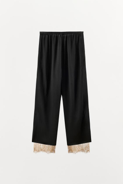 ZARA АТЛАСНЫЕ БРЮКИ С РАЗРЕЗАМИ И КРУЖЕВОМ, ЧЕРНЫЙ