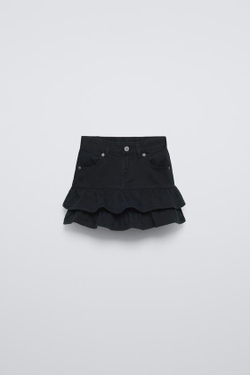 ZARA ДЖИНСОВАЯ ЮБКА С ВОЛАНАМИ, ЧЕРНЫЙ