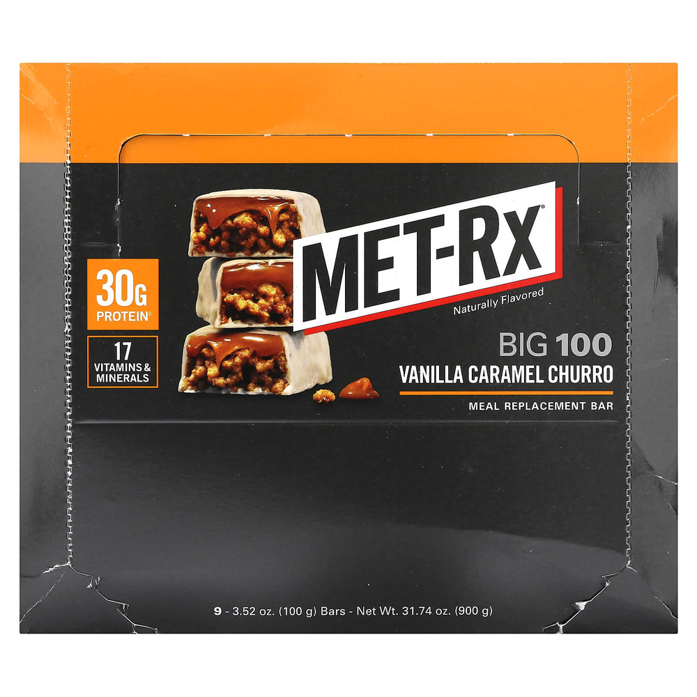 MET-Rx, Big 100, батончик для замены еды, чурро с ванилью и карамелью, 9 батончиков, 100 г (3,52 унции)