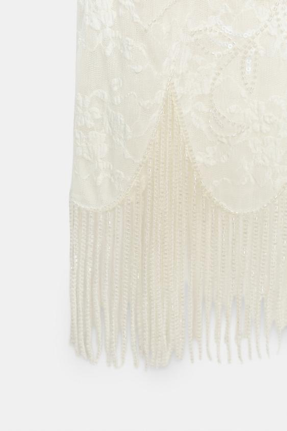 ZARA ЮБКА С КРУЖЕВОМ, БУСИНАМИ И БАХРОМОЙ, ЭКРЮ