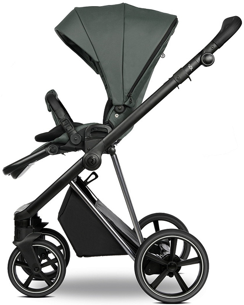 Детская коляска Roan Sol Vintage Luxury Leather 2.0 3 в 1 с автокреслом Tutis Elo Black VEGA79DB Atlantic Deep/Nickel/руч.Black