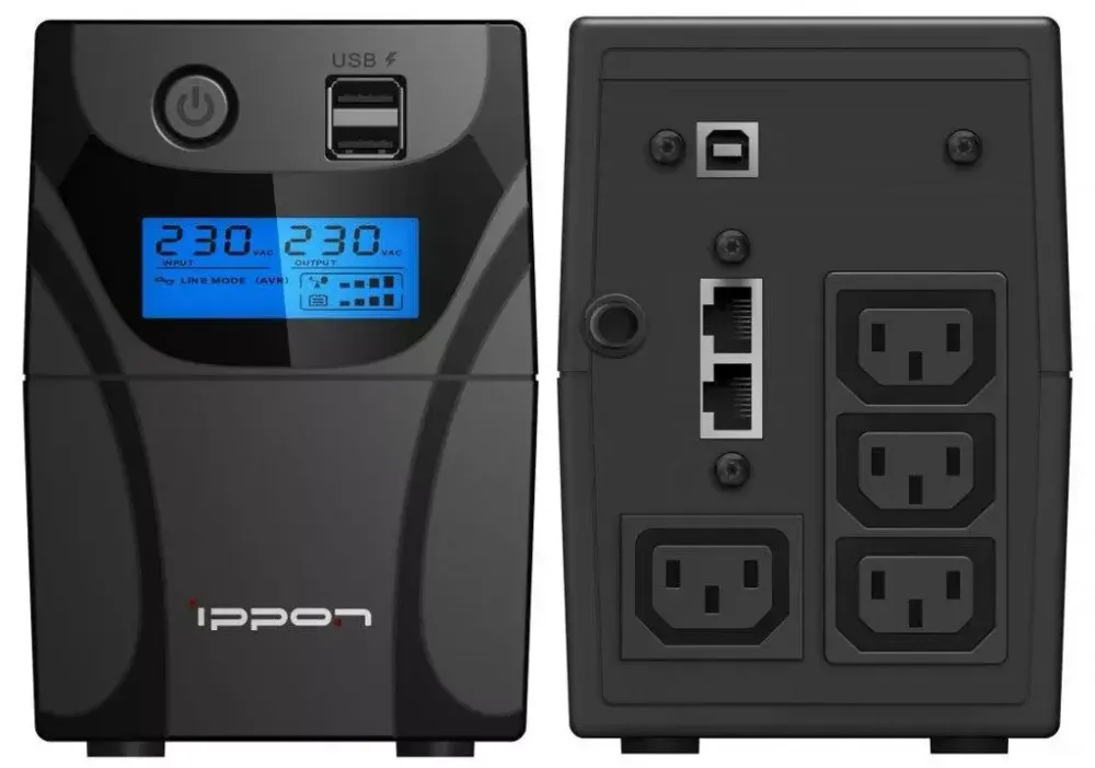 ИБП Ippon Back Power Pro II 800, 800VA, 480ВТ, AVR 162-290В, 4хС13, управление по USB, RJ-45, LCD, без кабелей