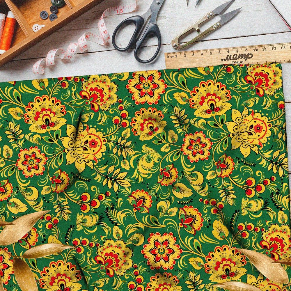 Ткань оксфорд 600 хохлома на зелёном