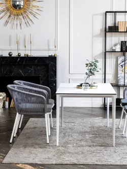 "Малага" обеденная группа на 4 персоны со стульями "Марсель", каркас белый, роуп светло-серый