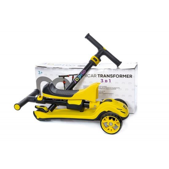 Самокат-беговел 3 в 1 Scooter Micar Transformer складной со светящимися колесами, сиденьем и родительской ручкой желтый