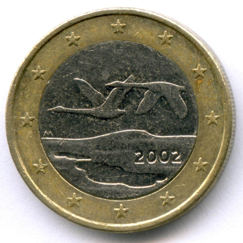 1 евро 2002 год. Финляндия. Регулярный выпуск. Тип 1. Биметалл VF-XF