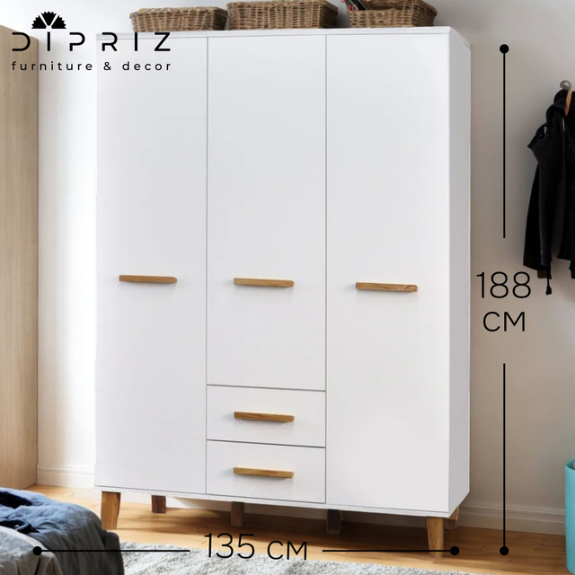 Шкаф для одежды, 135х56х188, Чек, распашной, трехдверный, белый, Dipriz