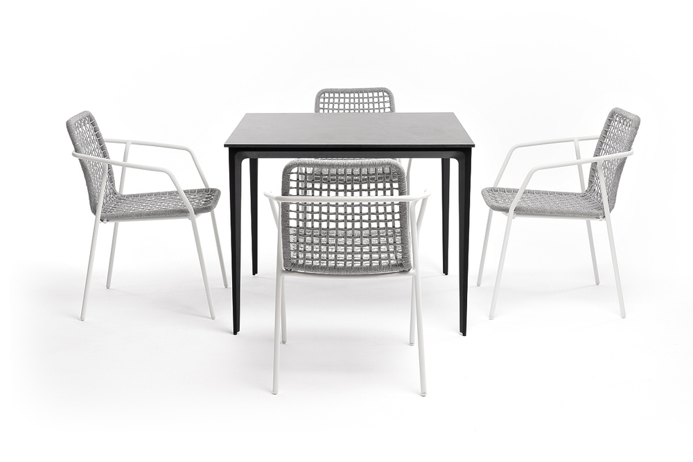 "Малага" обеденная группа на 4 персоны со стульями "Тунис", каркас белый, роуп светло-серый