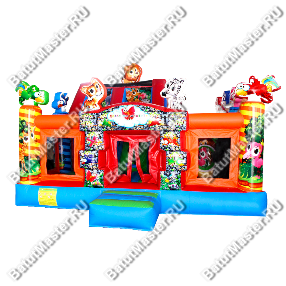 Коммерческий надувной батут "Звериный мир" с горкой и аркой, сетка на входе, 6*5*4 м