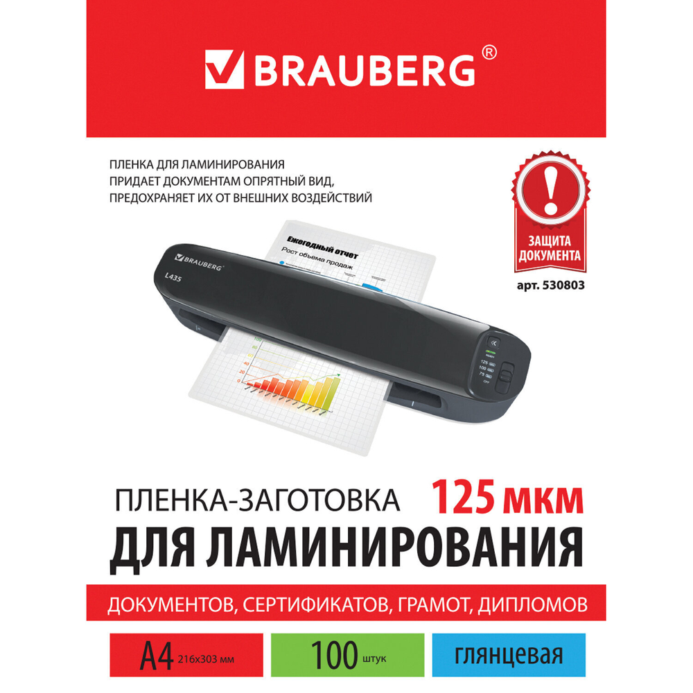 Пленки-заготовки для ламинирования А4 комплект 100 шт. 125 мкм BRAUBERG