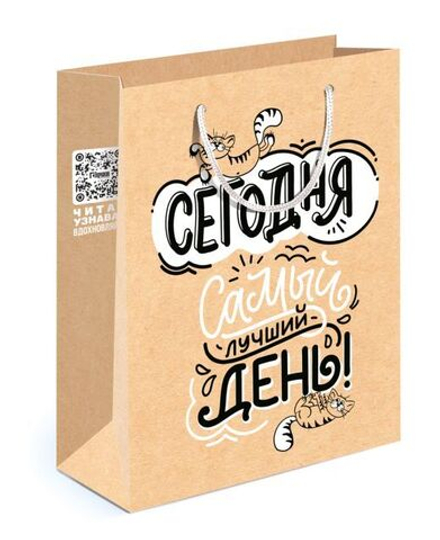 Пакет подарочный, Сегодня самый лучший день, Крафт, 23*18*10 см, 1 шт.