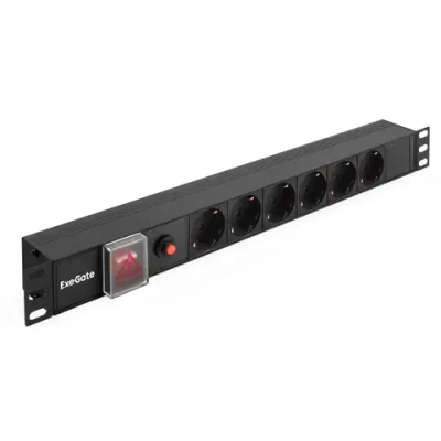 Блок розеток ExeGate ServerPro PDU-19H605 Al-6S-C14-SW-O, 19", 1U, алюминий, 6xSchuko, С14