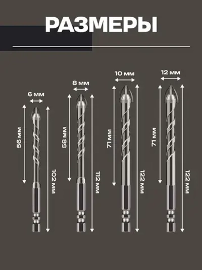 Набор направляемых сверл по стеклу, керамике и кафелю копьевидные 6, 8, 10, 12 мм с шестигранным хвостовиком (4 предмета)