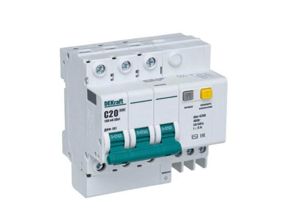 Выключатель автоматический дифференциального тока 3п C 20А 100мА тип AC ДИФ-101 со встроен. защитой от сверхтоков DEKraft 15063DEK