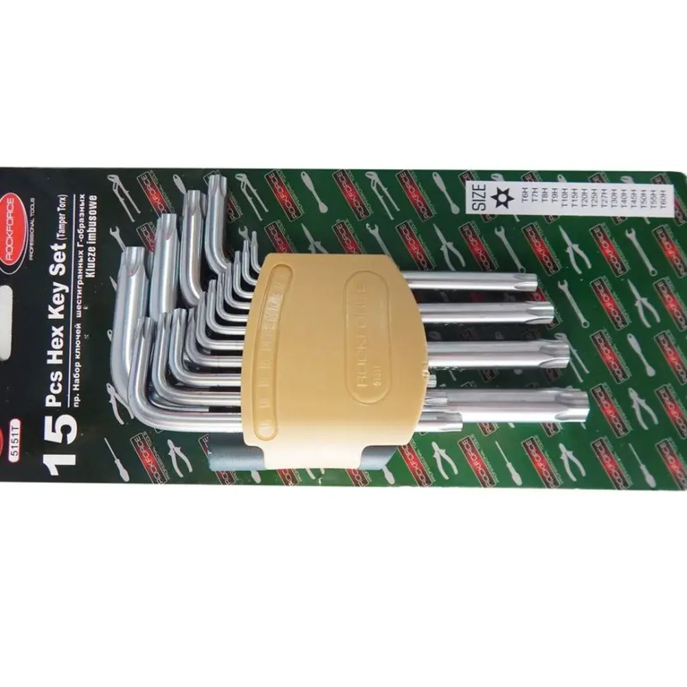 Набор ключей TORX Г-образных длинных с отверстием15пр.(Т6Н,T7H,T8H,T9H,Т10Н,Т15Н,Т20Н,Т25Н,Т27Н, Т30Н,Т40Н,Т45Н,Т50Н,Т55Н,Т60Н)в пластиковом держателе RockForce##Rock FORCE RF-5151LT