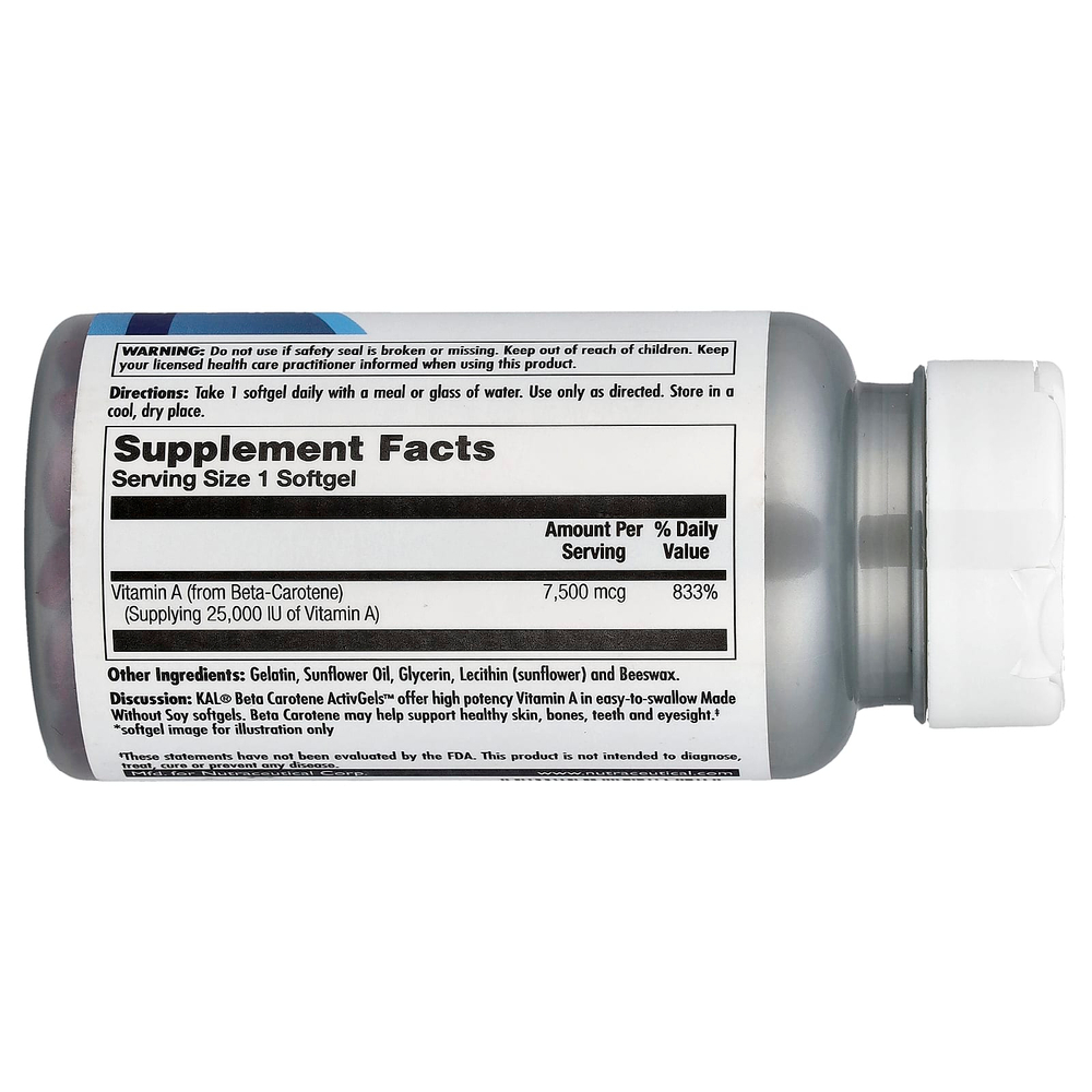 KAL, Бета-каротин, 7500 мкг (25000 МЕ), 100 мягких таблеток