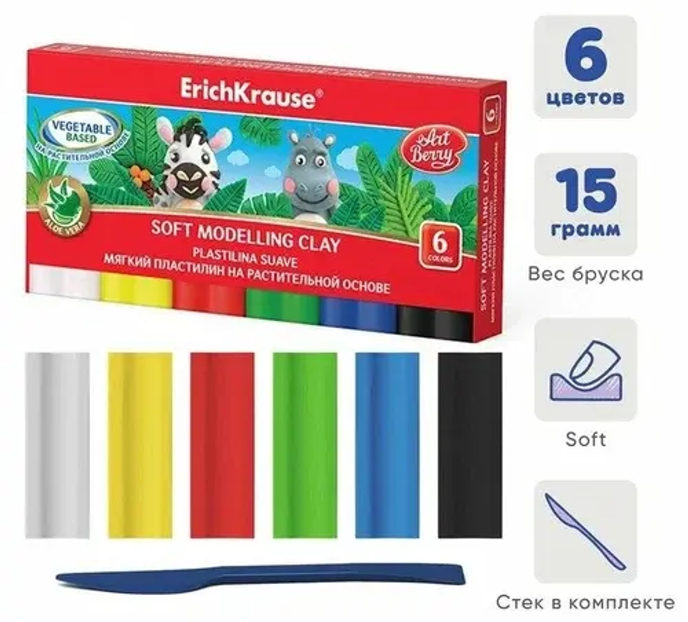 Пластелин 6 цветов на растительной основе ErichKrause ArtBerry 58612