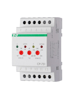Реле напряжения CP-731 (трехфазный; микропроцессорный; контроль верхнего и нижнего значений напряжения; контроль асимметрии; чередования фаз; монтаж на DIN-рейке 35мм 3х400/230+N 2х8А 1Z 1R IP20) F&F EA04.009.005