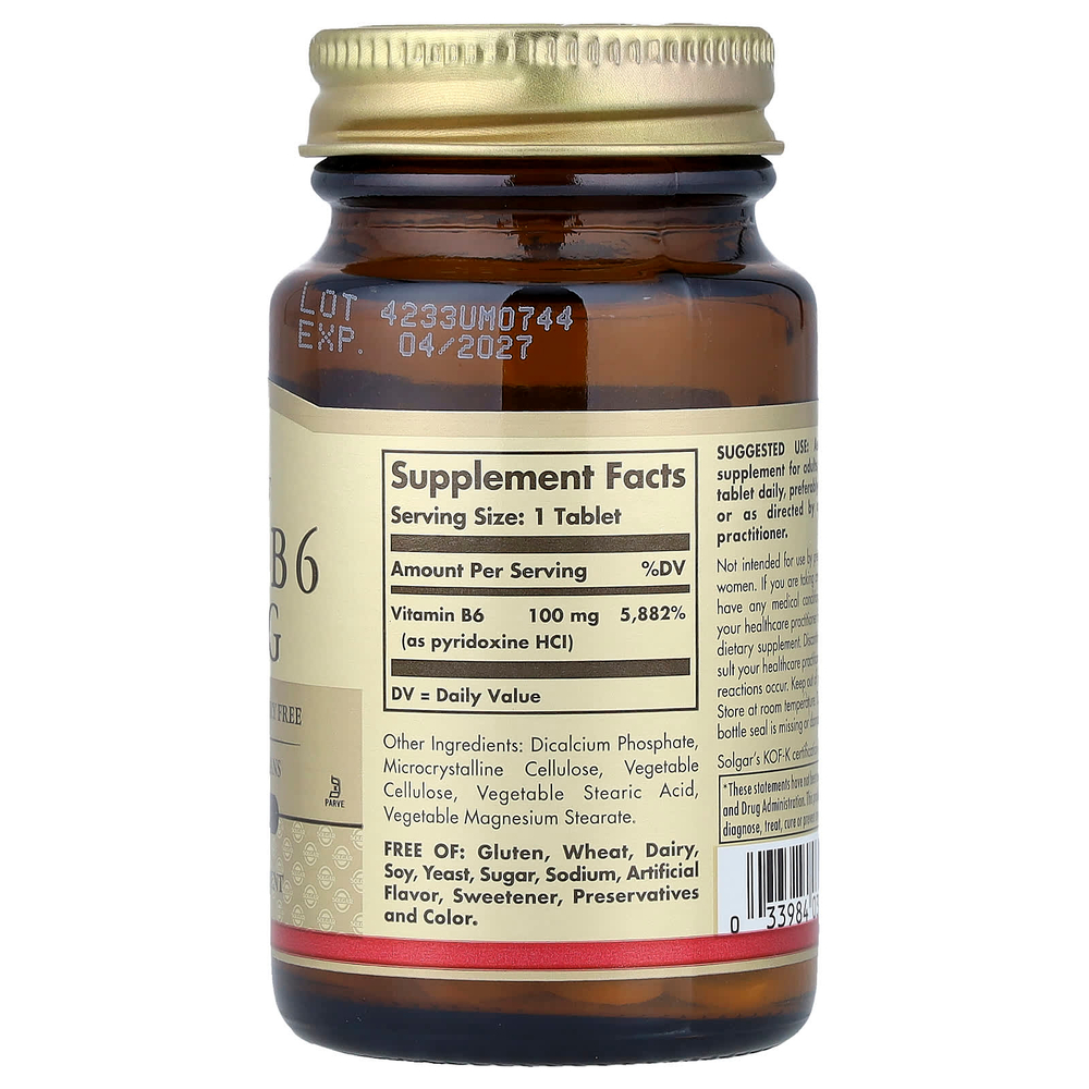 Solgar, Витамин В6, 100 мг, 100 таблеток