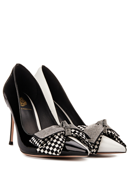 Женские туфли кожаные черно-белые с бантом у носка