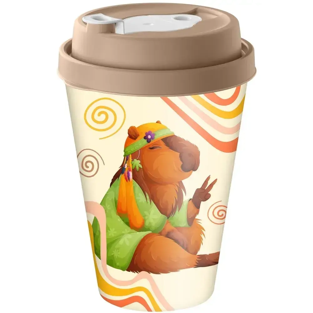 Стакан с крышкой 420мл с декором с клапаном Капибары, Бежевый