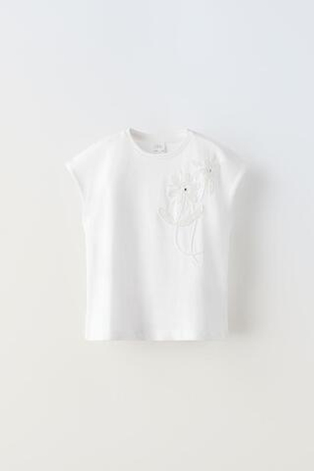 ZARA ФУТБОЛКА С ДЕКОРАТИВНЫМИ ДЕТАЛЯМИ, БЕЛЫЙ