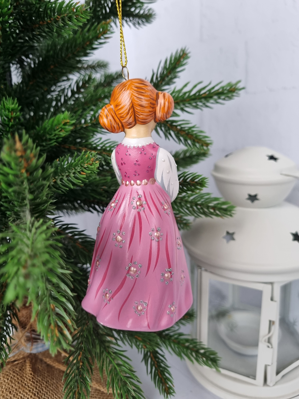 Девочка с мишкой ёлочная игрушка из фарфора