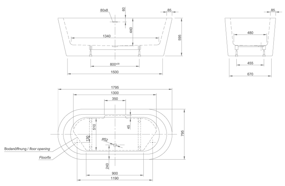 Ванна отдельностоящая FLAME, 180х80, слив-перелив Click-Clack тип F, белая/хром, BT-FLAM18080FF-BNCR